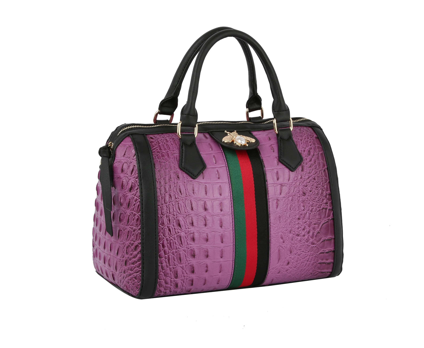 Fashion Croco Satchel with bee and Stripe: Black