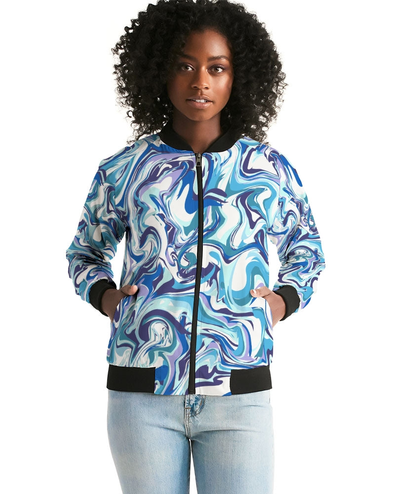 BLUE AND WHITE ABSTRACT Women's All-Over Print Bomber Jacket