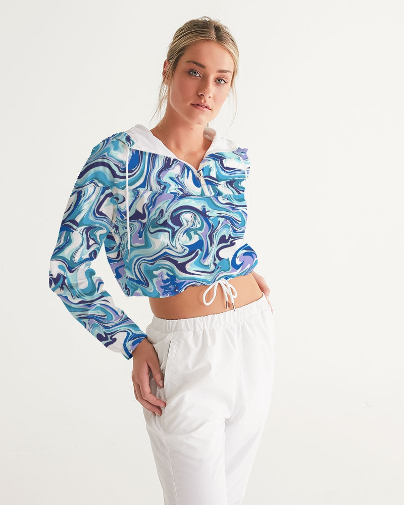 BLUE AND WHITE ABSTRACT Women's All-Over Print Cropped Windbreaker