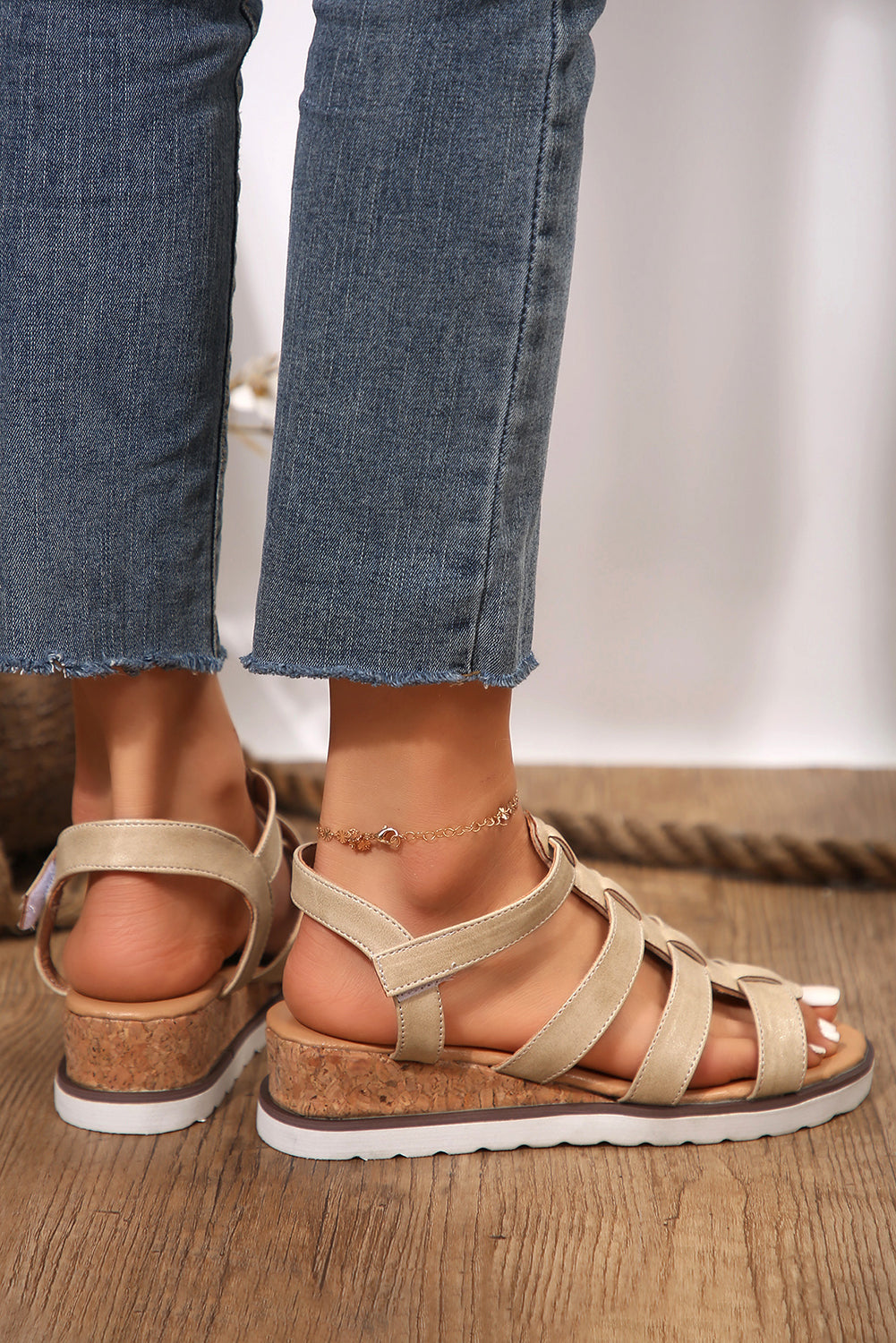 Women Shoes Hollowed PU Leather Straps Wedge Sandals