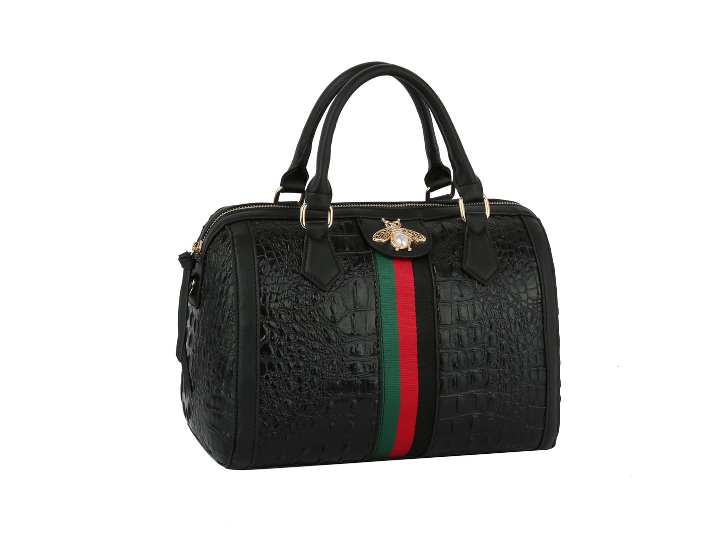 Fashion Croco Satchel with bee and Stripe: Black