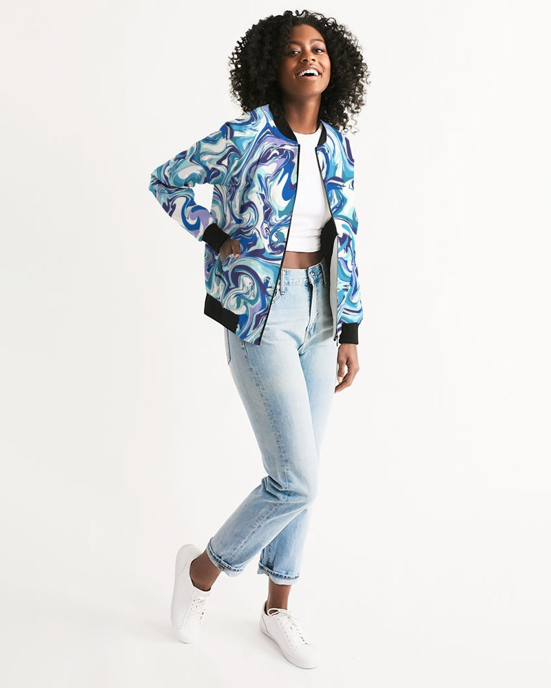 BLUE AND WHITE ABSTRACT Women's All-Over Print Bomber Jacket