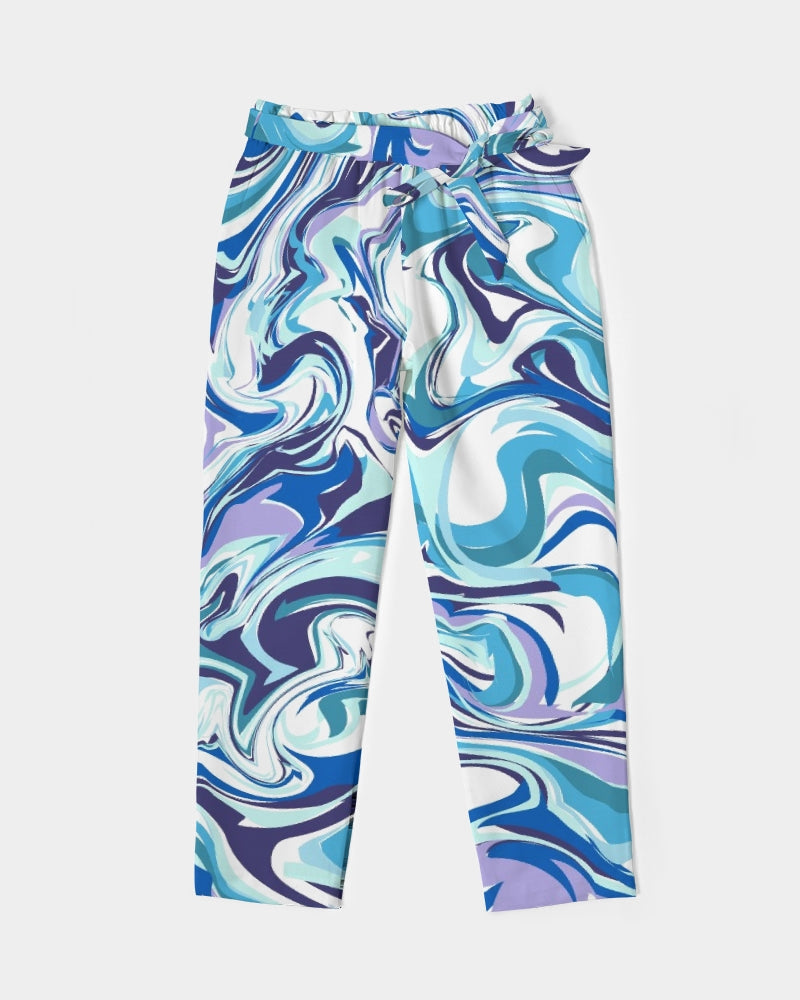 BLUE AND WHITE ABSTRACT Women's All-Over Print Belted Tapered Pants