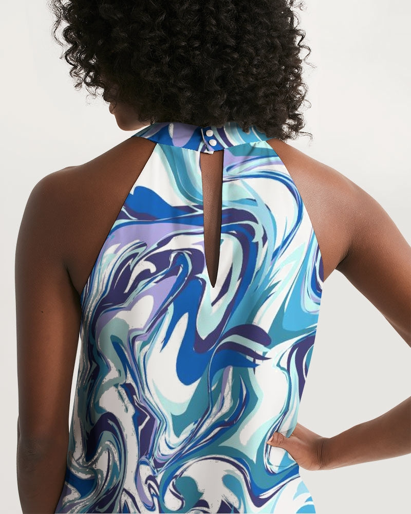 BLUE AND WHITE ABSTRACT Women's All-Over Print Halter Dress