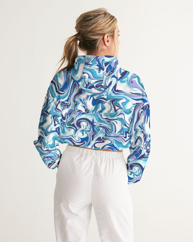 BLUE AND WHITE ABSTRACT Women's All-Over Print Cropped Windbreaker