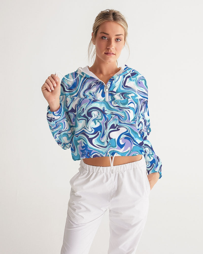 BLUE AND WHITE ABSTRACT Women's All-Over Print Cropped Windbreaker