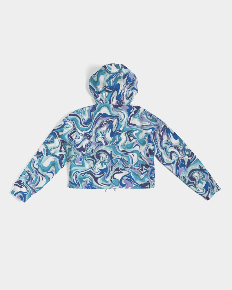 BLUE AND WHITE ABSTRACT Women's All-Over Print Cropped Windbreaker