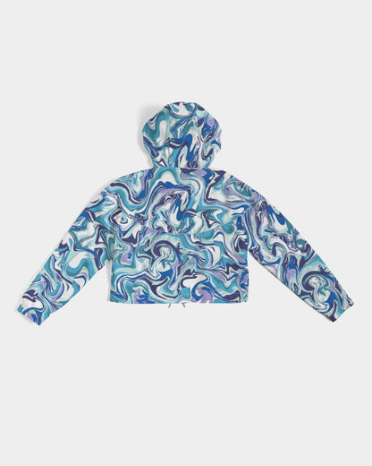 BLUE AND WHITE ABSTRACT Women's All-Over Print Cropped Windbreaker - KAT MAR ADAMS