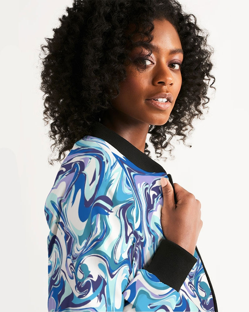 BLUE AND WHITE ABSTRACT Women's All-Over Print Bomber Jacket