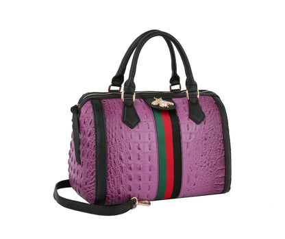 Fashion Croco Satchel with bee and Stripe: Black