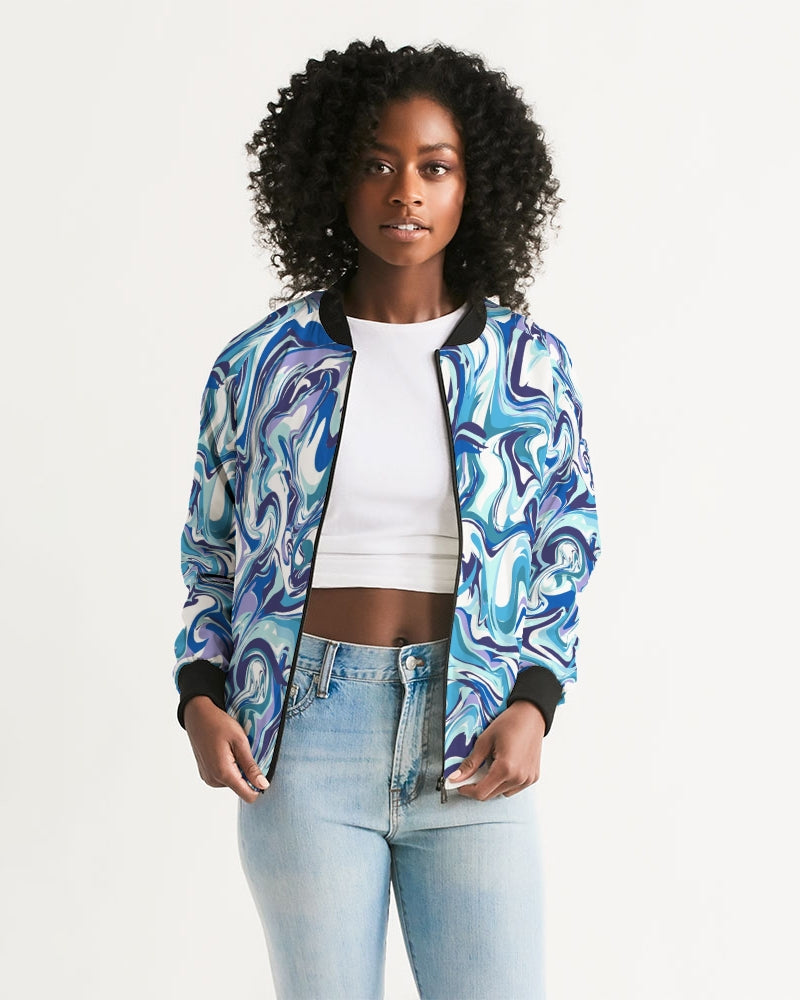 BLUE AND WHITE ABSTRACT Women's All-Over Print Bomber Jacket