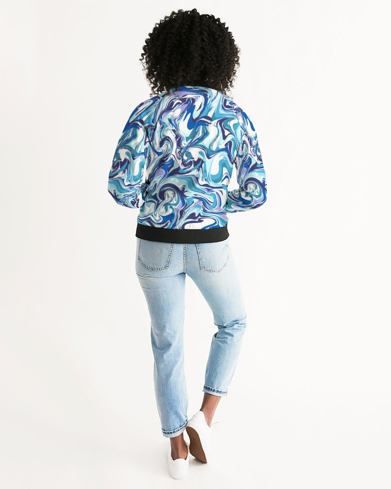 BLUE AND WHITE ABSTRACT Women's All-Over Print Bomber Jacket