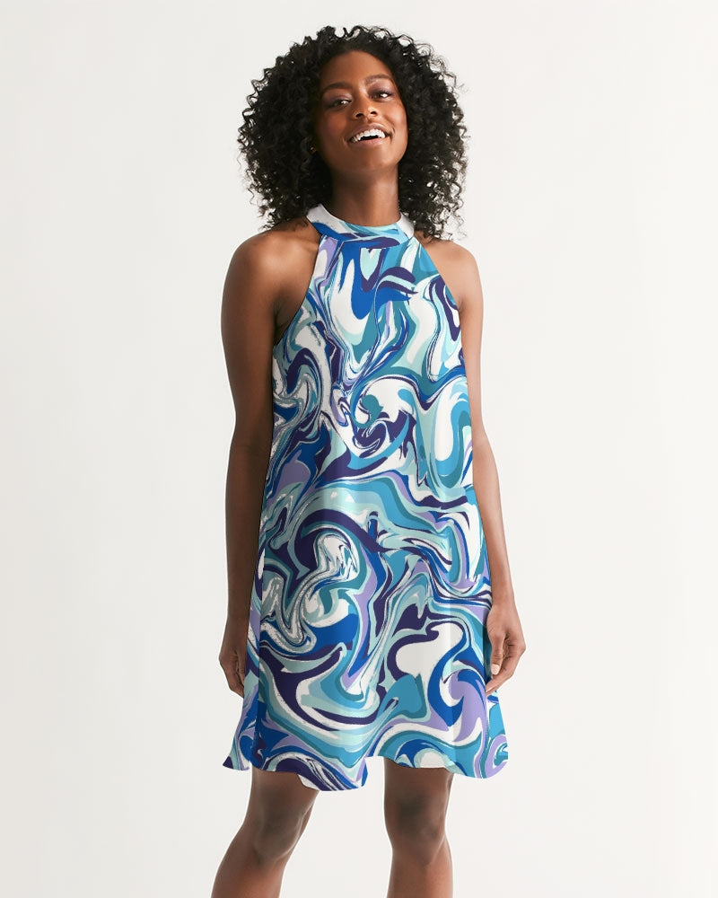 BLUE AND WHITE ABSTRACT Women's All-Over Print Halter Dress