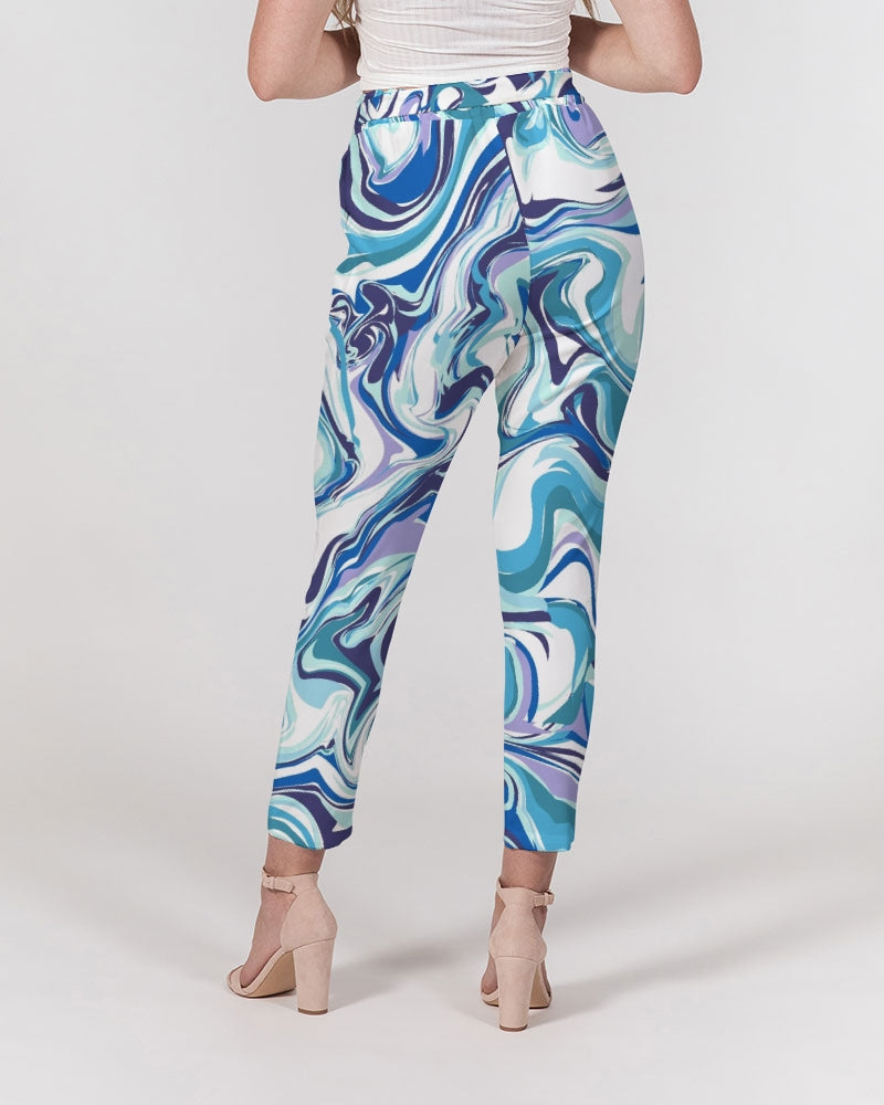 BLUE AND WHITE ABSTRACT Women's All-Over Print Belted Tapered Pants