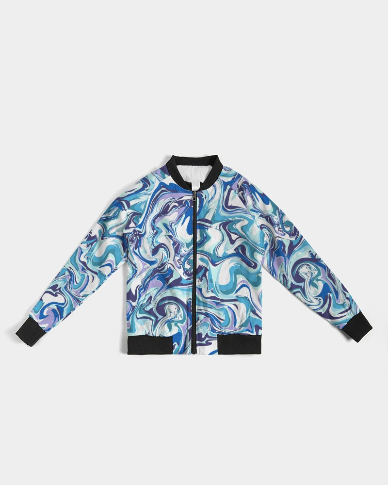 BLUE AND WHITE ABSTRACT Women's All-Over Print Bomber Jacket