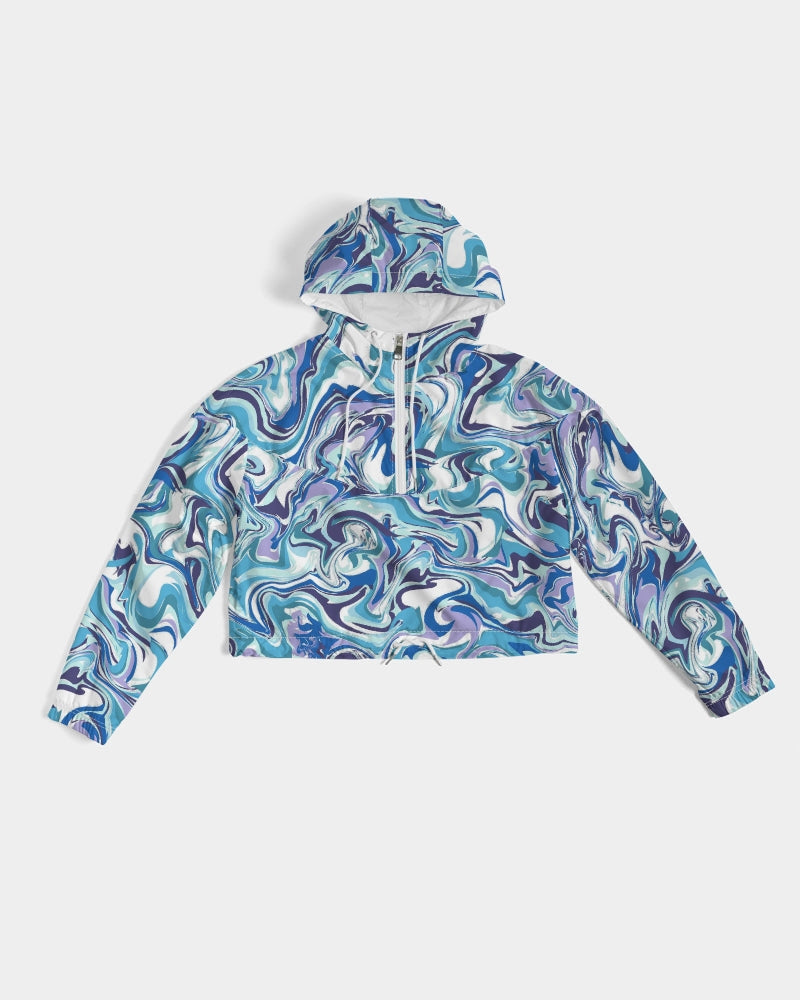 BLUE AND WHITE ABSTRACT Women's All-Over Print Cropped Windbreaker