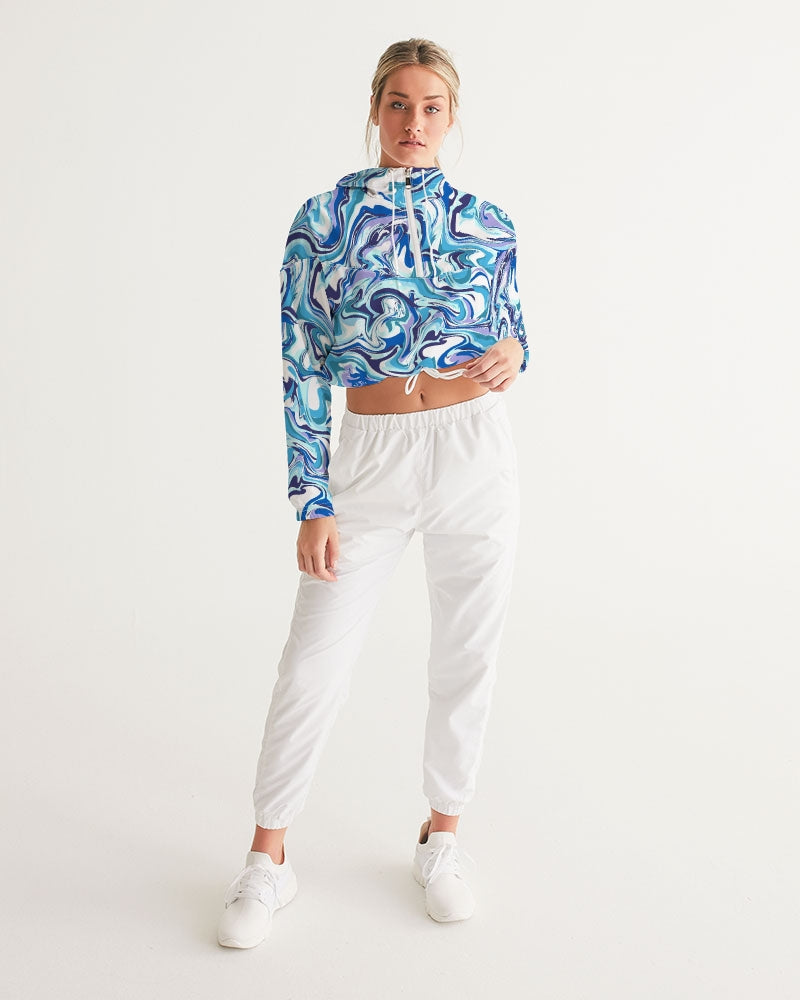 BLUE AND WHITE ABSTRACT Women's All-Over Print Cropped Windbreaker