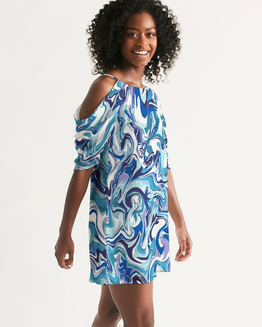 BLUE AND WHITE ABSTRACT Women's All-Over Print Open Shoulder A-Line Dress