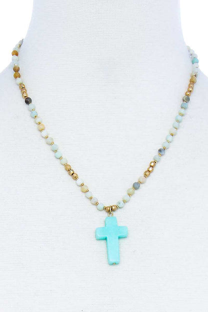 Chic Beaded And Cross Pendant Necklace