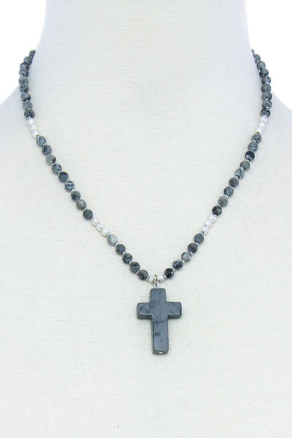 Chic Beaded And Cross Pendant Necklace