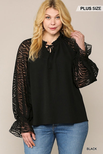 Plus Size Zebra Burnout Sleeve Ruffled Neck Bubble Crepe Blouse