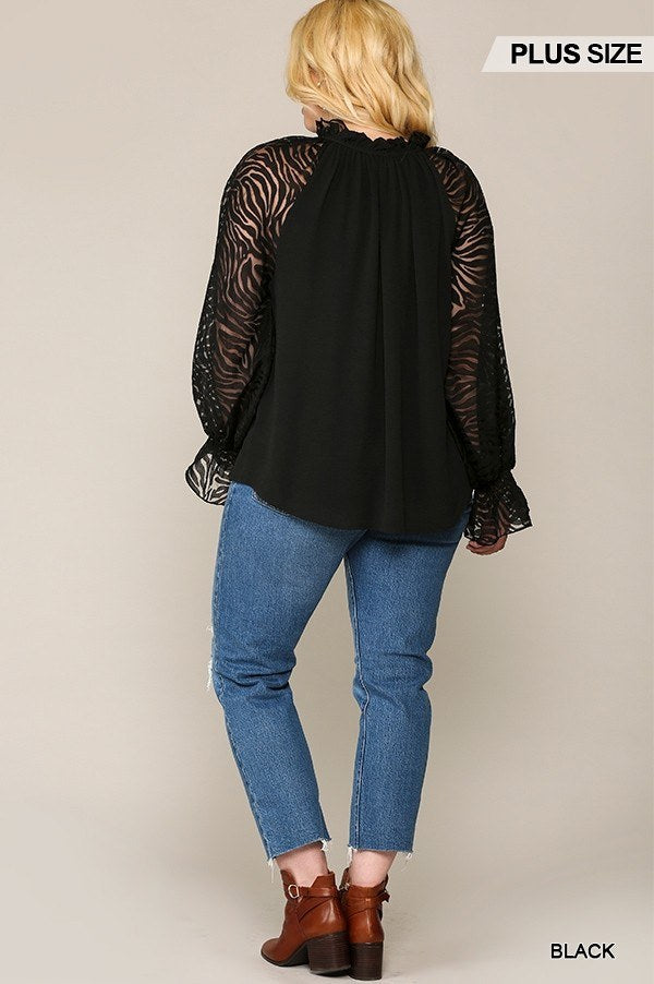 Plus Size Zebra Burnout Sleeve Ruffled Neck Bubble Crepe Blouse