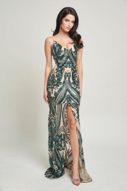 Spaghetti Strap Art Deco Sequins Maxi Dress