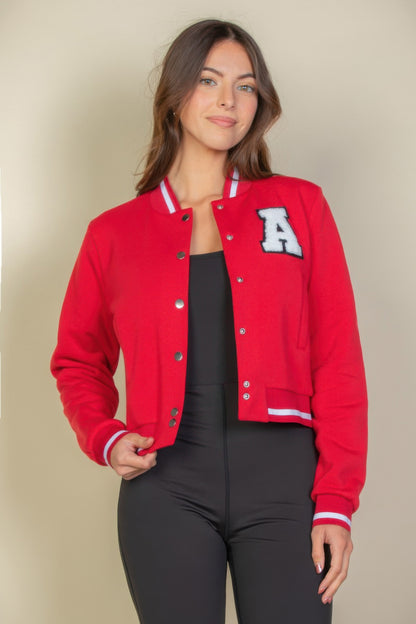 Ezwear Letter Patched Crop Varsity Jacket