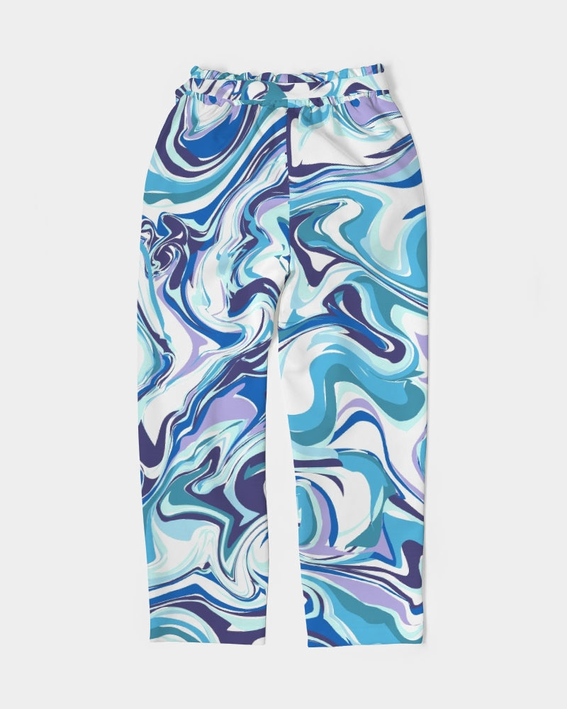 BLUE AND WHITE ABSTRACT Women's All-Over Print Belted Tapered Pants