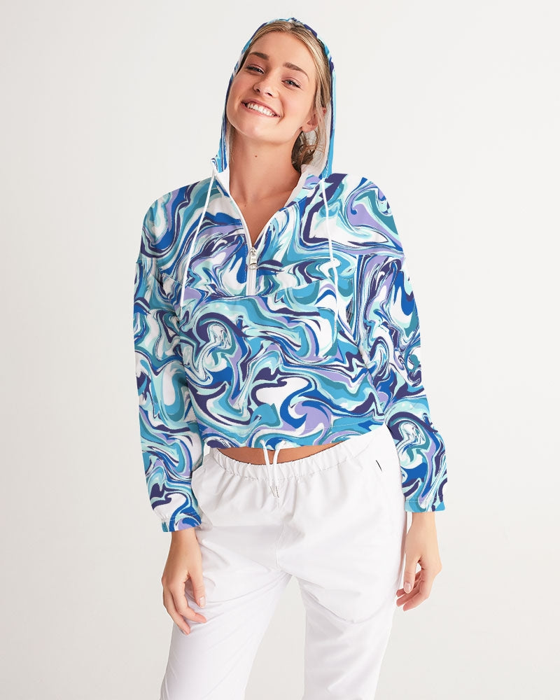 BLUE AND WHITE ABSTRACT Women's All-Over Print Cropped Windbreaker