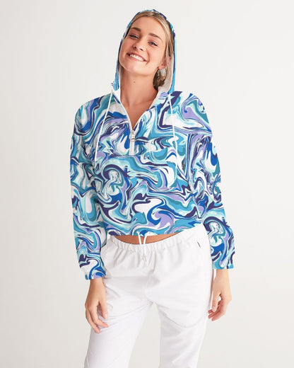 BLUE AND WHITE ABSTRACT Women's All-Over Print Cropped Windbreaker - KAT MAR ADAMS