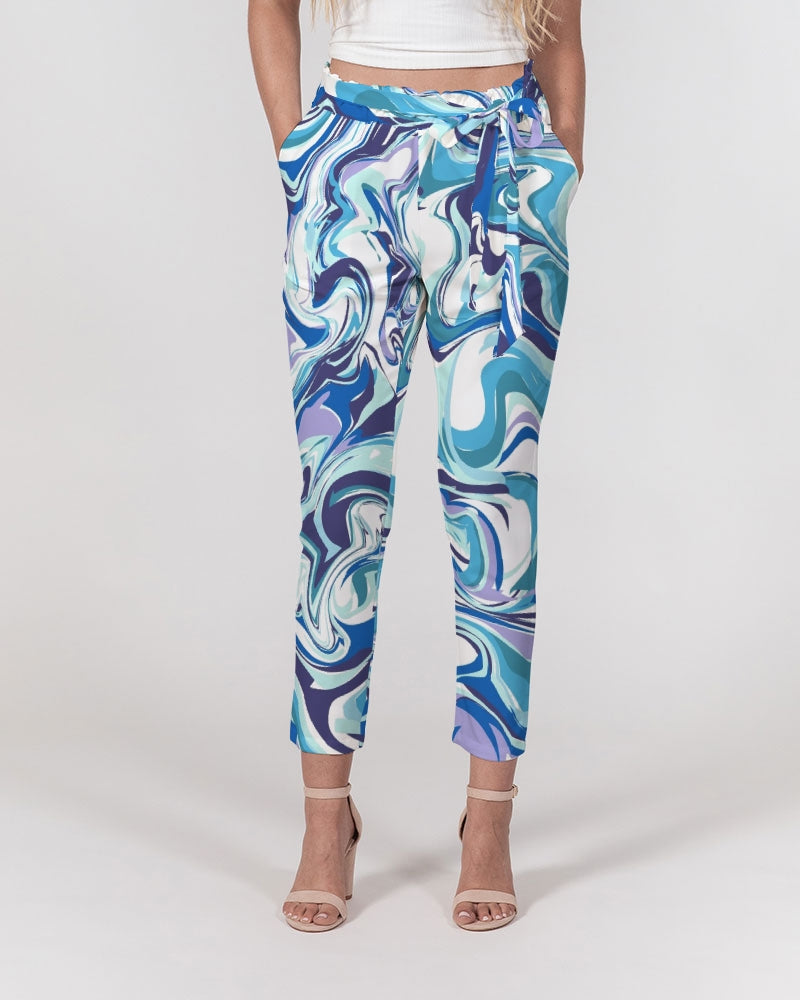 BLUE AND WHITE ABSTRACT Women's All-Over Print Belted Tapered Pants