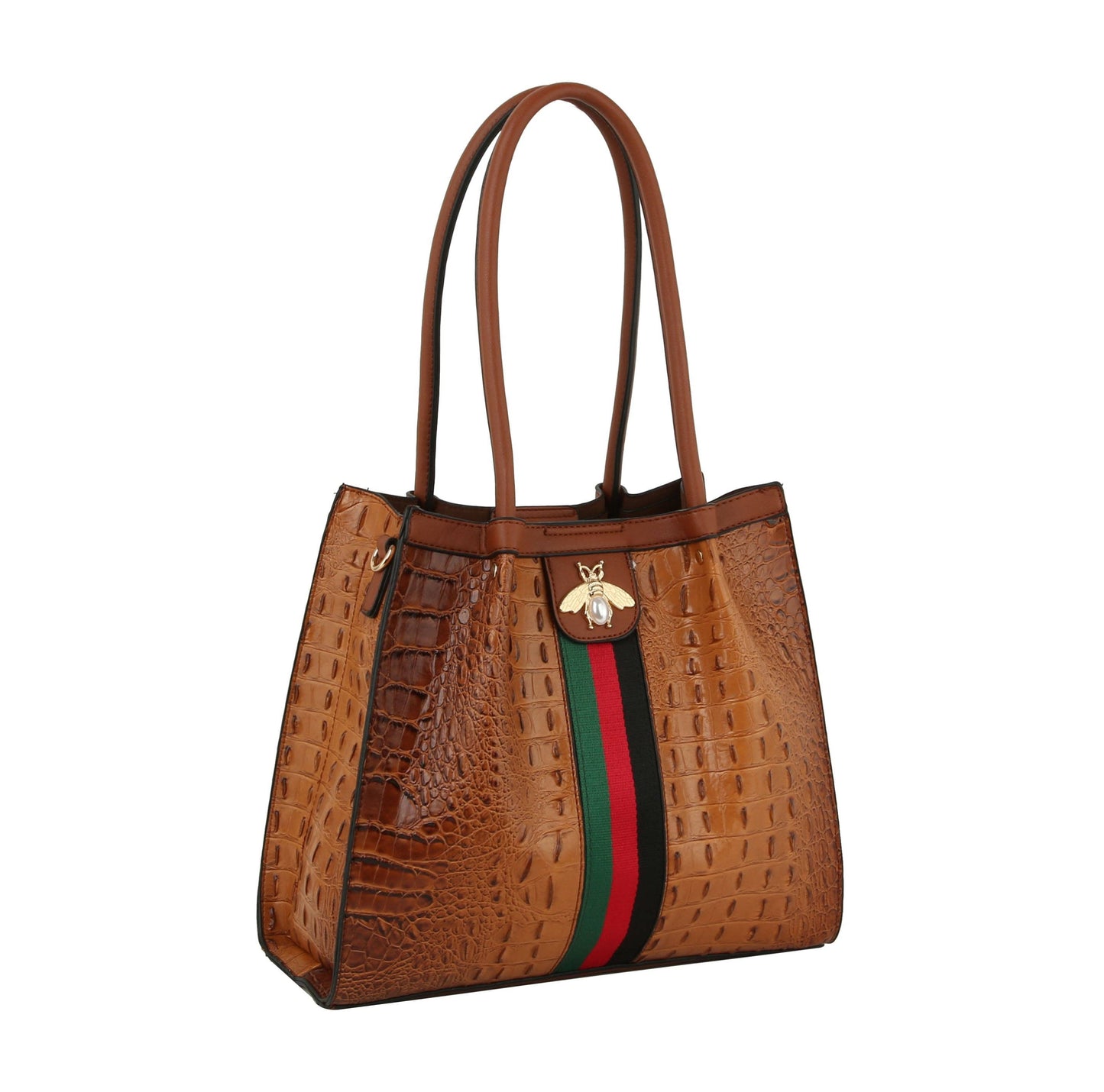 Fashion Croco Bee Stripe detailed Top Satchel Bag: Brown