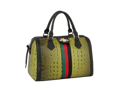 Fashion Croco Satchel with bee and Stripe: Black