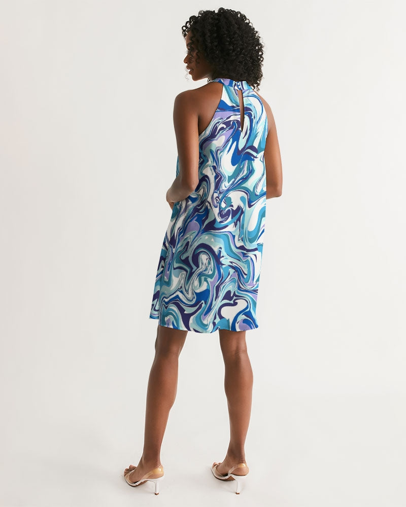 BLUE AND WHITE ABSTRACT Women's All-Over Print Halter Dress