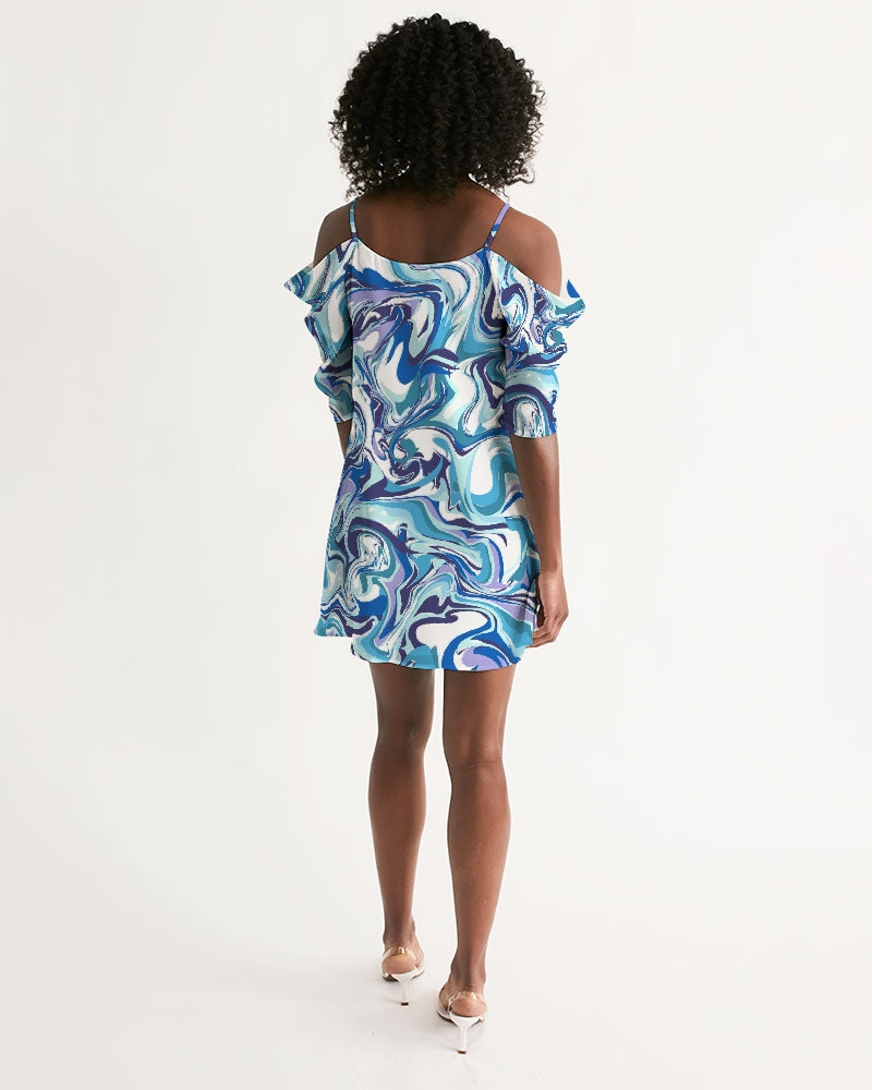 BLUE AND WHITE ABSTRACT Women's All-Over Print Open Shoulder A-Line Dress